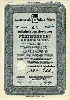 Германия 500 рейхсмарок 1943 АО топливных заводов, Дрезден, также известное как AKA, 4%частичное обязательство, серия XIV, облигация   бумага   8802-51-1