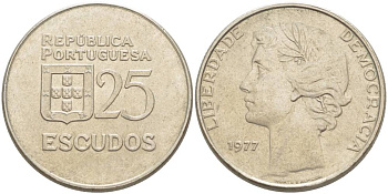 ПОРТУГАЛИЯ 25 ЭСКУДО 1977 KM 607 медно-никель 4542-816