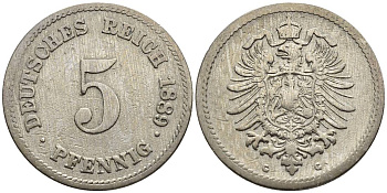 ГЕРМАНИЯ 5 ПФЕННИГОВ 1889 G, СТАРОГЕРБОВКА, РЕДКАЯ KM 3, Jager 3, Weege 5 медно-никель 4547-312