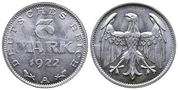 ГЕРМАНИЯ 3 МАРКИ 1922 А KM 28, J. 302 алюминий 4380-715