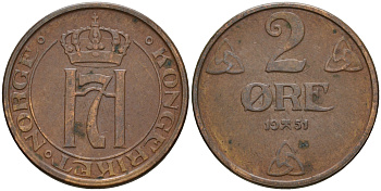 Норвегия 2 эре 1951 Хокон VII (1905-1957) KM 371 бронза 4606-657