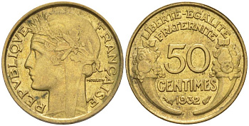 ФРАНЦИЯ 50 САНТИМОВ 1932 ТИП MORLON, OPEN 9, С ЯГОДОЙ KM 894.1, LE FRANC 192.7 алюминиевая бронза 44-663