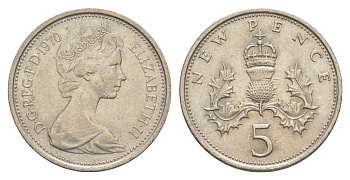 Великобритания 5 новых пенсов 1970 Елизавета II (1952-2022) KM 911, Spink 4233 (D1) медно-никель aUNC 4638-436