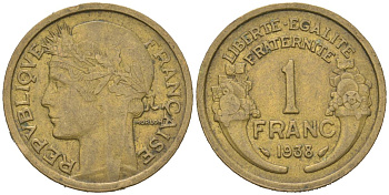 Франция 1 франк 1938 KM 885, Le Franc 219.2 алюминиевая бронза 261-533