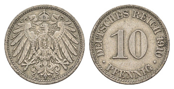 Германия 10 пфеннигов 1910 A, Вильгельм II (1888-1918) KM 12, J. 13 медно-никель 4640-317