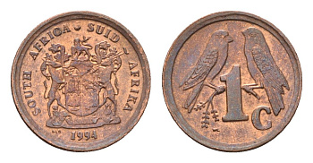 ЮАР 1 цент 1994 герб, капские воробьи KM 132 сталь плакированная медью UNC 4687-118