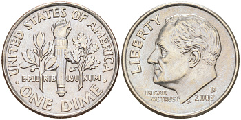США 10 ЦЕНТОВ = 1 ДАЙМ 2002 D, РУЗВЕЛЬТ KM 195a медь плакированная медно-никелем 188-731