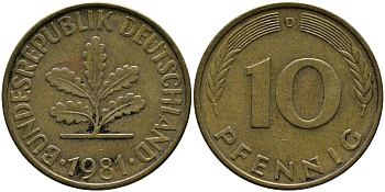ФРГ 10 ПФЕННИГОВ 1981 D KM 108, J. 383 сталь плакированная латунью 33-145