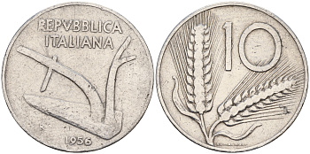 Италия 10 лир 1956 R, плуг KM 93 алюминий 4595-337