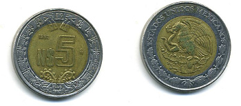 МЕКСИКА 5 ПЕСО 1992 биметалл 4-633