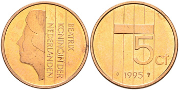 Нидерланды 5 центов 1995 Беатрикс (1980-2013) KM 202 бронза UNC 4116-254