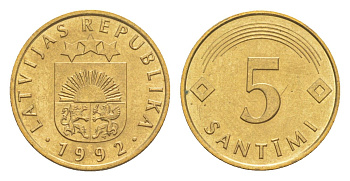 Латвия 5 сантимов 1992 KM 16 никель латунь UNC 3999-1121
