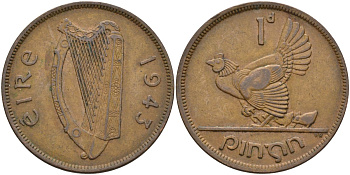 Ирландия 1 пенни 1943 курица с цыплятами KM 11 бронза 4137-714