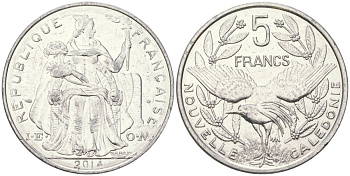 Французская Новая Каледония 5 франков 2014 птица кагу, (IEOM) KM 16, Schoen 12, Lec 81k алюминий 4117-1046
