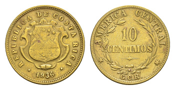 Коста-Рика 10 сентимо 1936 KM 174 латунь 4644-333
