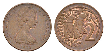 Новая Зеландия 2 цента 1972 Елизавета II (1952-2022), два цветка кохаи KM 32.1 бронза 4178-234