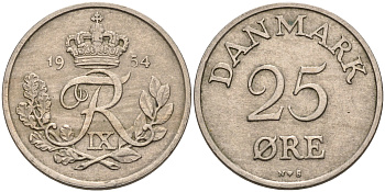 Дания 25 эре 1954 N; S, Фредерик IX (1947-1972) KM 842.1 медно-никель 4566-525