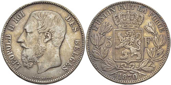 Бельгия 5 франков 1870 Леопольд II (1865-1909) KM 24 серебро 5010-914