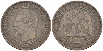 ФРАНЦИЯ 2 САНТИМА 1855 МА, НАПОЛЕОН III (1852-1870) KM 776.6 бронза 105-346