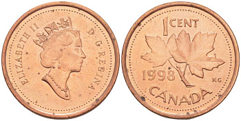 КАНАДА 1 ЦЕНТ 1998 КЛЕНОВЫЙ ЛИСТ, ЕЛИЗАВЕТА II KM 289 сталь плакированная медью 112-117