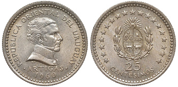 Уругвай 25 сентесимо 1960 KM 40 медно-никель 4580-1065