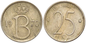 БЕЛЬГИЯ 25 САНТИМОВ 1970 BELGIQUE KM 153.1 медно-никель 4387-1261