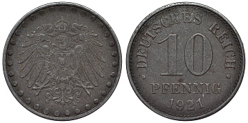 Германия 10 пфеннигов 1921 A KM 20, J. 298 железо 4119-153