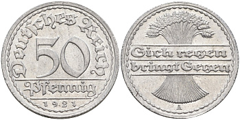 Германия 50 пфеннигов 1921 A KM 27, J.301, Weege 10 алюминий UNC 4584-824