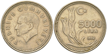 Турция 5000 лир 1992 KM 1025 никель латунь 4599-1222