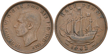 Великобритания 1/2 пенни 1942 Георг VI (1936-1952) KM 844, Spink 4115 бронза 4126-747