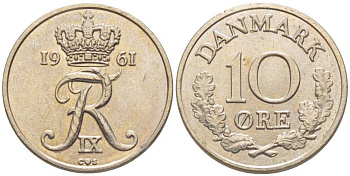 ДАНИЯ 10 ЭРЕ 1961 C;S, ФРЕДЕРИК IX (1947-1972) KM 849,1 медно-никель 201-1219