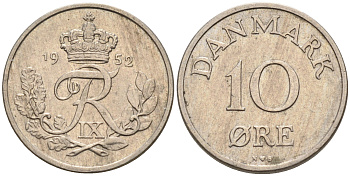 ДАНИЯ 10 ЭРЕ 1952 N; S, ФРЕДЕРИК IX (1947-1972) KM 841.1 медно-никель 4564-1215