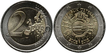 Австрия 2 евро 2012 10 лет монетарной политике и наличному евро KM 3205 биметалл UNC 115-945