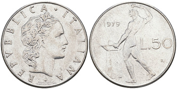 Италия 50 лир 1979 R, Бог огня Вулкан у наковальни KM 95.1 нержавеющая сталь 4529-256