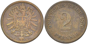 ГЕРМАНИЯ 2 ПФЕННИГА 1876 E, СТАРОГЕРБОВКА KM 2, J. 2, Weege 3 медь 212-654