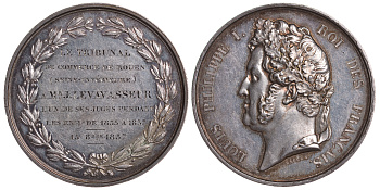 ФРАНЦИЯ МЕДАЛЬ 1837 ЛУИ ФИЛИПП I- КОРОЛЬ ФРАНЦУЗОВ, АРБИТРАЖНЫЙ СУД ГОРОДА РУАНА, МЕСЬЕ ЛЕВАСЕР ЧЛЕН СУДА С 1835 ПО 1837, ДИАМЕТР 51 ММ., ВЕС 62,6 ГР. серебро 02-009-13