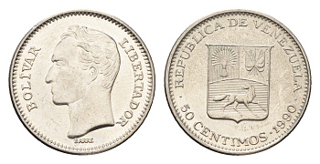 Венесуэла 50 сентимо 1990 Симон Боливар Y 41a сталь плакированная никелем aUNC 4664-657