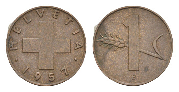 Швейцария 1 раппен 1957 B KM 46 бронза 3458-628