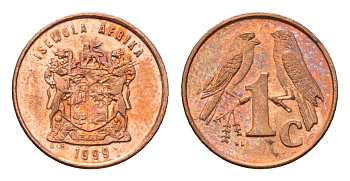 ЮАР 1 цент 1999 герб, капские воробьи KM 170 сталь плакированная медью UNC 4694-238