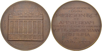 Нидерланды медаль 1925 1 августа 1925 года, 50 лет фирме Pierson & Co, Амстердам, диаметр 60 мм.  бронза    1089-3-43