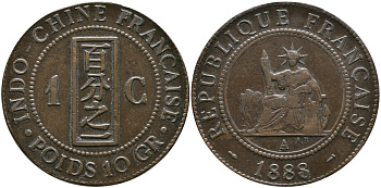 Французский Индокитай 1 цент 1888 А, монетный двор Париж KM 1 бронза 4536-223