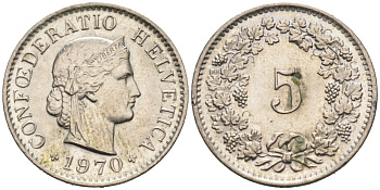 Швейцария 5 раппенов 1970 КМ 26 медно-никель 4567-535