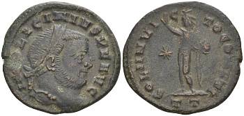 Римская Империя нуммий 313 - 314 Лициний I, бюст императора, IMP LICINIVS P F AVG / бог Соль, SOLI INVICTO COMITI TT, Тицин (степень редкости - R5, из немецкой коллекции 1-й половины XX века, с владельческим конвертом) RIC 12 биллон 1073-15-95