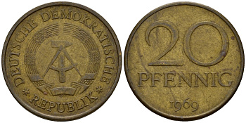 ГДР 20 пфеннигов 1969 A, первый год KM 11 латунь 4601-524