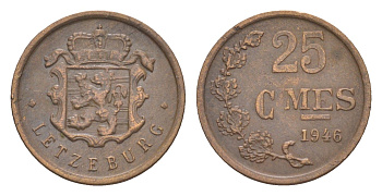 Люксембург 25 сантимов 1946 Шарлотта (1918-1964) KM 45 бронза 4115-434