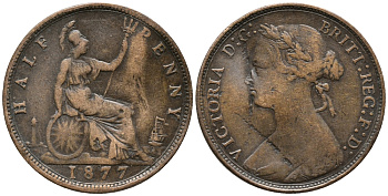 Великобритания 1/2 пенни 1877 Виктория (1837-1901) KM 754, Spink 3956 бронза 34-941