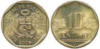Перу 10 сентимо 2008 KM 305.4 латунь aUNC 4605-545