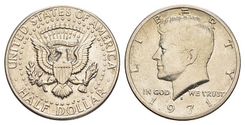 США 1/2 доллара (50 центов) 1971 D, Джон Кеннеди KM 202b медь плакированная медно-никелем aUNC 109-636