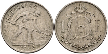 Люксембург 1 франк 1946 Шарлотта (1918-1964), сталевар KM 46.1 медно-никель 4586-553