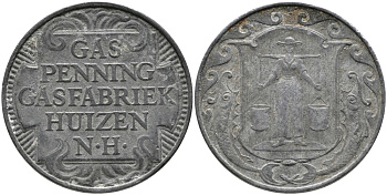 НИДЕРЛАНДЫ ЖЕТОН ND ХЁЙЗЕН ГАЗ ПФЕННИГ, ГАЗОВАЯ ФАБРИКА HUIZEN N.H., ДИАМЕТР 23,5 ММ. цинк 65-1054